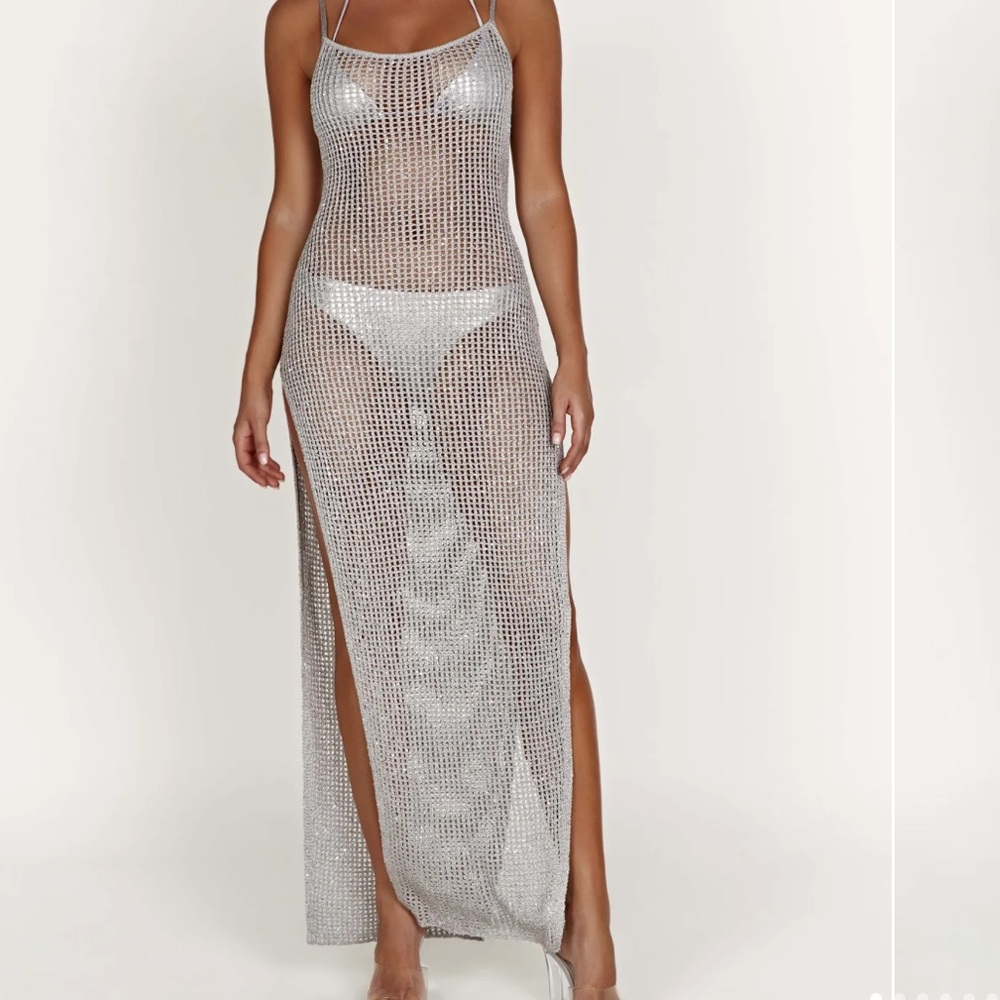 Meshki Zelda Sequin Crochet Maxi Dress Silver size small